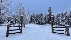 Ein verschneiter Torweg mit Holzlattenzaun, der in eine verschneite Winterlandschaft mit Bäumen führt.