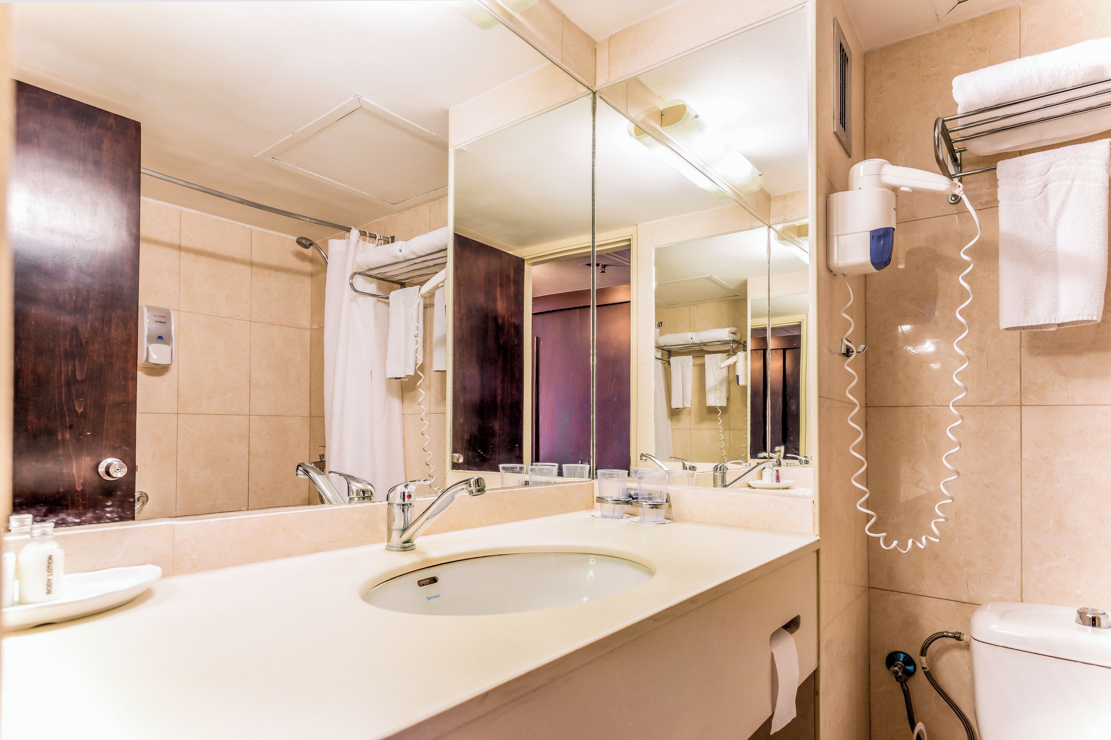 Een badkamer met een wastafel, spiegel, handdoekhouder en een haardroger.