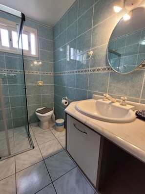 Une salle de bain avec des carreaux bleus, des toilettes, un lavabo et une douche.