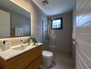 Shower, hair dryer, towels
