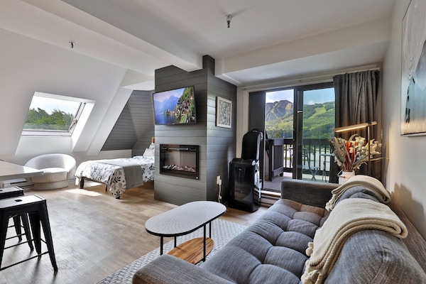 Studio living area with sofa, fireplace, bed area, balcony door, and skylight.
