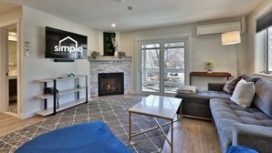 TV, fireplace, video library, stereo