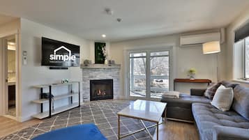 TV, fireplace, video library, stereo