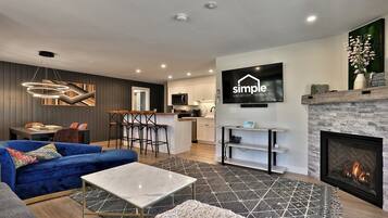 TV, fireplace, video library, stereo