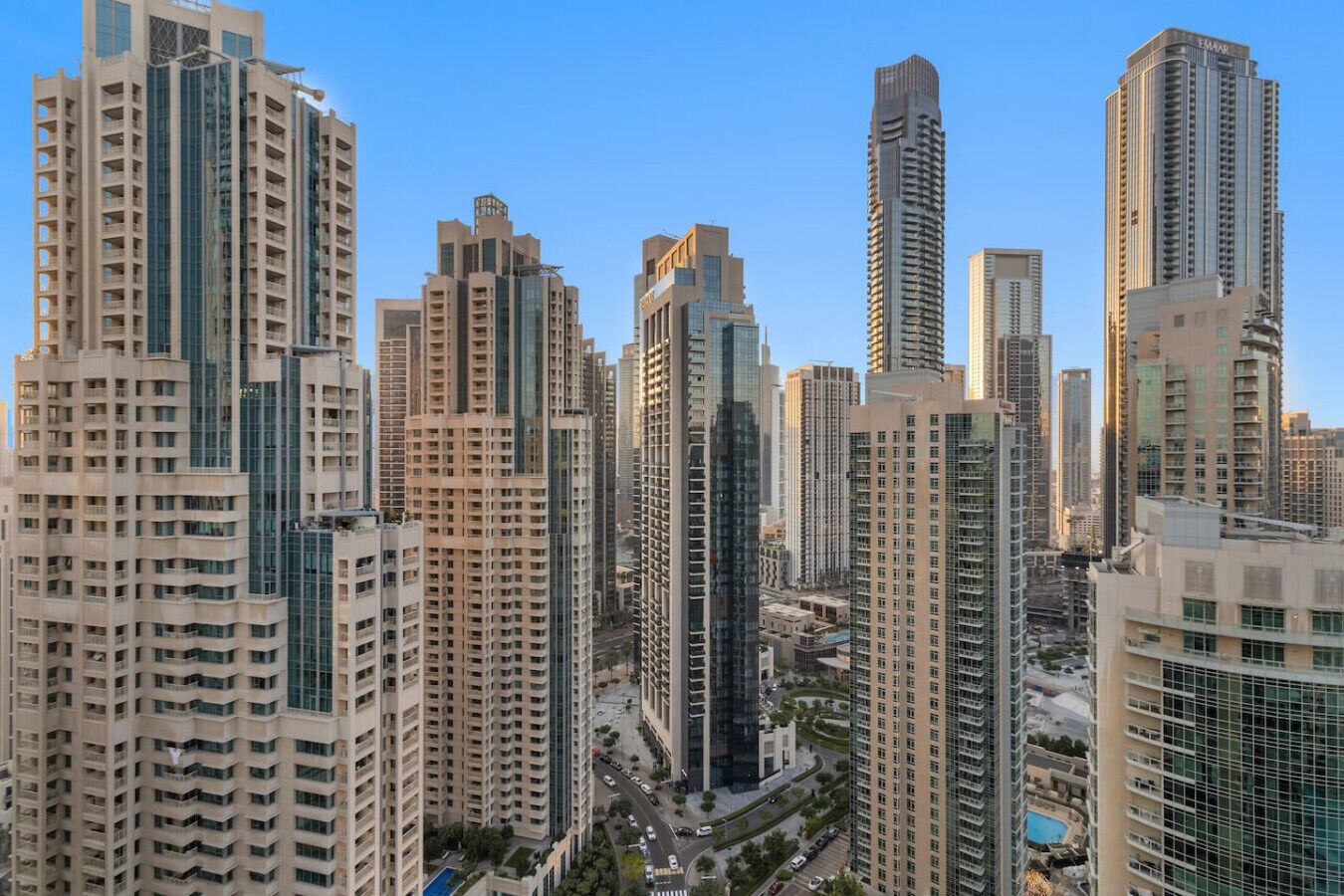 A cluster of high-rise buildings with a dense urban skyline.