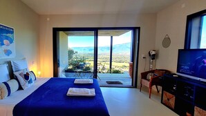 Une chambre avec un lit, une télévision et un balcon donnant sur la campagne.