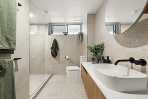 Shower, hair dryer, towels