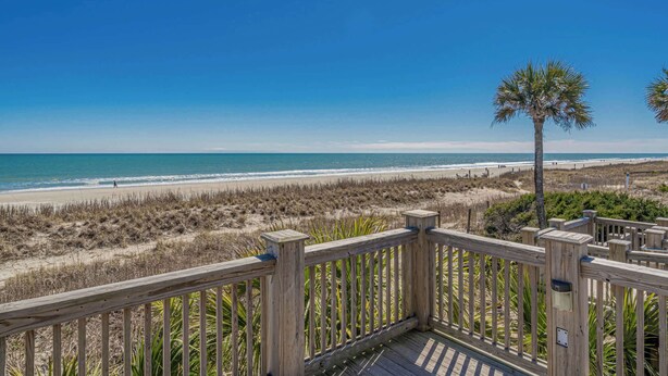 A wooden deck overlooking a beach with a clear view of the ocean and a palm tree.