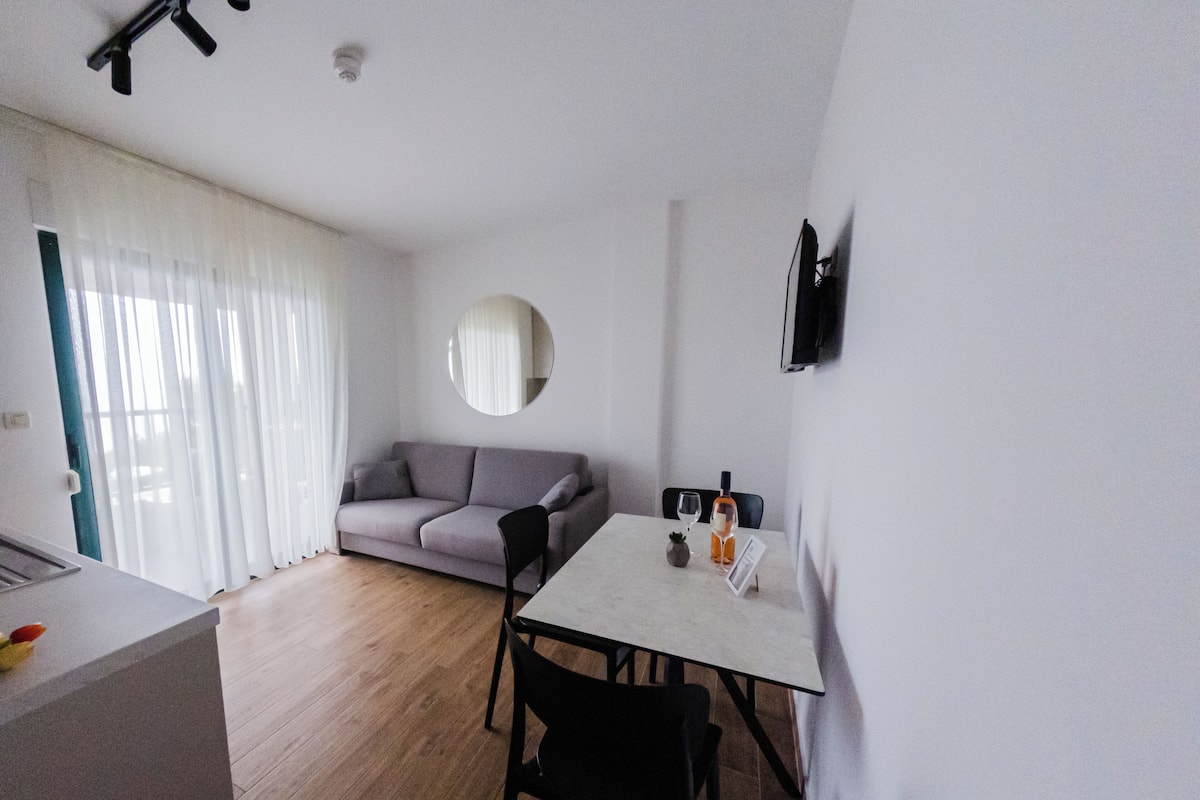 A compact living space with a sofa, a dining table with chairs, a small kitchen area, and a large window with curtains.
