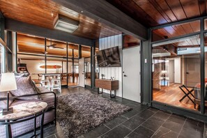 TV, fireplace, foosball, offices