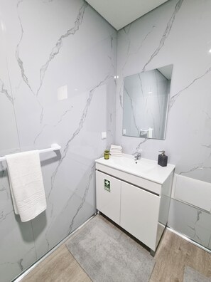 Chuveiro, secador de cabelo, toalhas de banho, papel higiênico