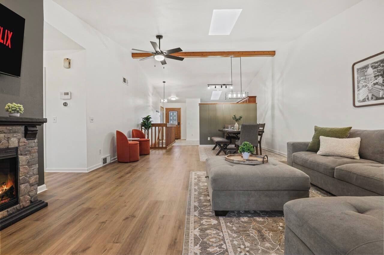 TV, fireplace, foosball, offices