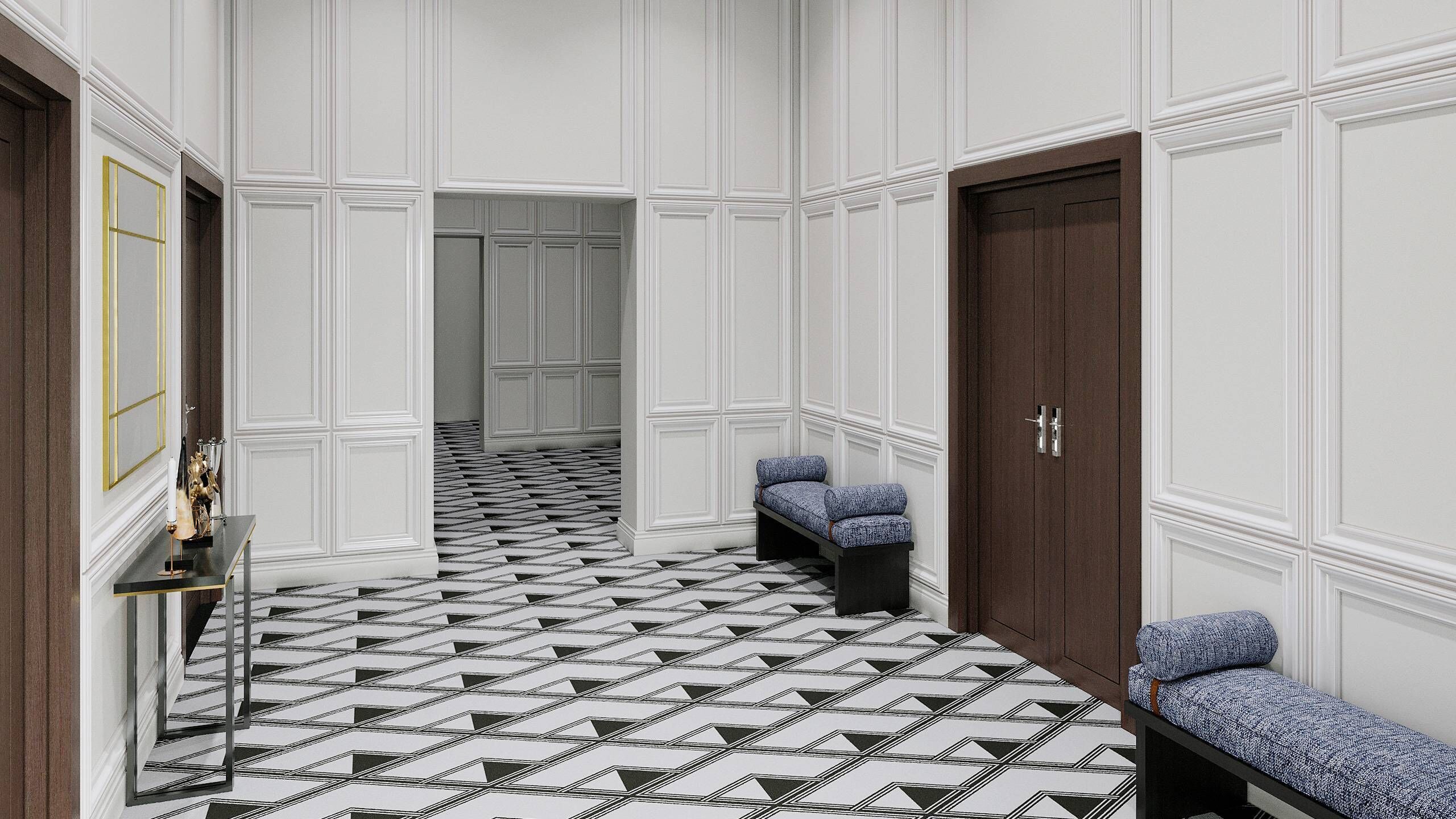 A hallway with a geometric patterned floor, white paneled walls, a dark wooden door, and a bench with patterned cushions.