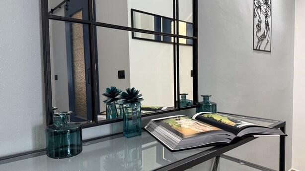 A modern bathroom with a glass vanity, a large mirror, and decorative items including a succulent plant and a magazine. - M P Beach House in Diano Marina (Diano Marina)
