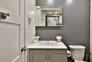 Shower, hair dryer, towels