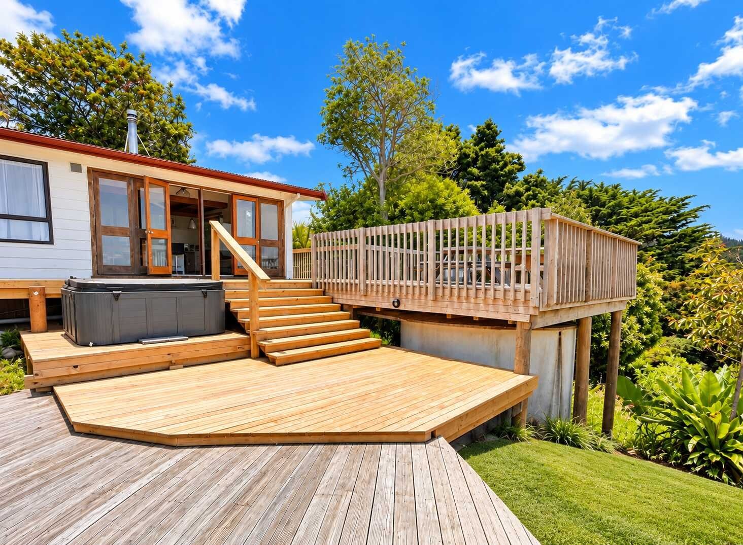 A wooden deck with a hot tub and stairs leading to a decked area with a railing.