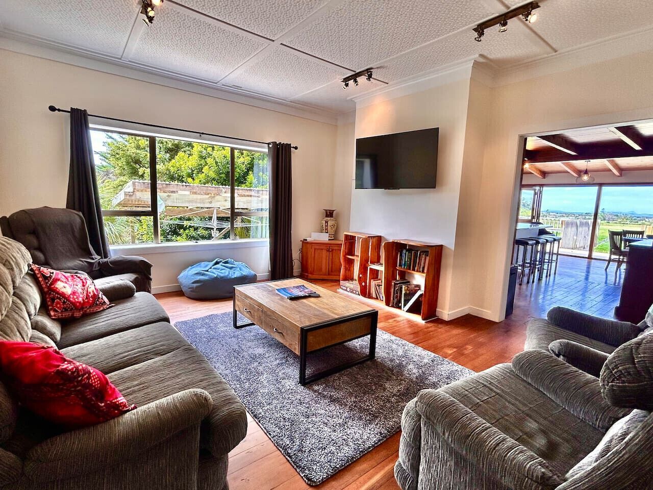 Smart TV, fireplace, books, video library