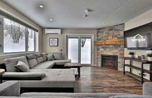 TV, fireplace, video library, stereo