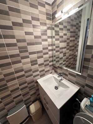 Douche, sèche-cheveux, serviettes fournies, savon