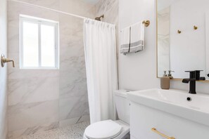 Shower, hair dryer, shampoo