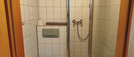 A small, tiled bathroom with a toilet, a shower, and a toilet paper holder.