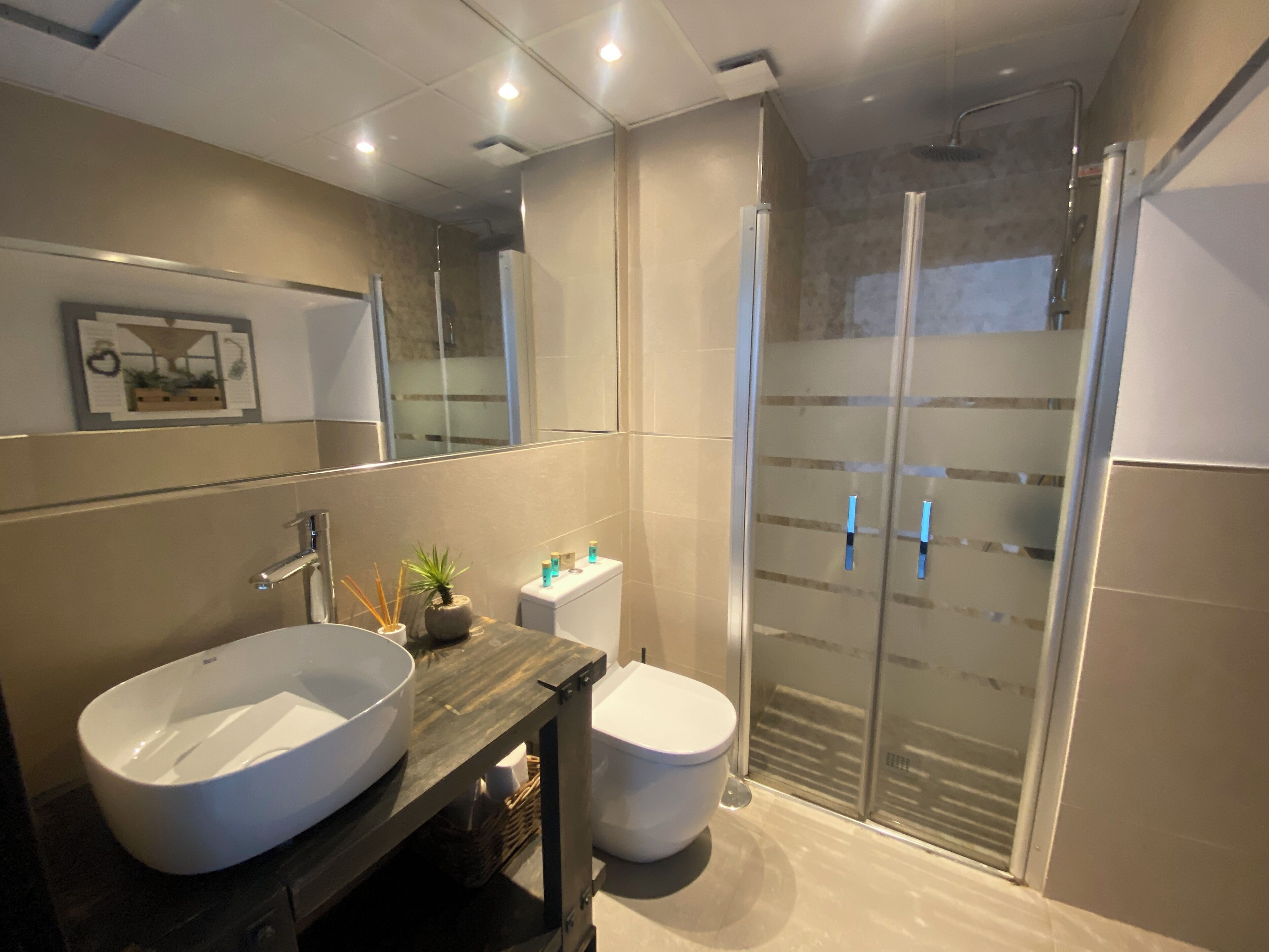 Appartement, 1 queensize bed met slaapbank (1 Bedroom) | Badkamer | Een douche, een haardroger, handdoeken, zeep