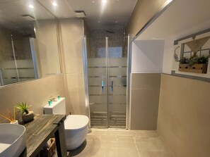 Douche, sèche-cheveux, serviettes fournies, savon