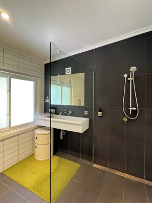 Shower, hair dryer, towels, soap