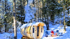 Una cabaña de madera en un bosque nevado con puerta y ventanas, rodeada de suelo y árboles cubiertos de nieve.