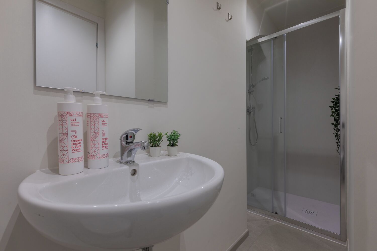 Ein Badezimmer mit einem weißen Waschbecken, zwei Flaschen mit biologischem Hand- und Gesichtsreiniger, einer kleinen Topfpflanze und einer Glasdusche.