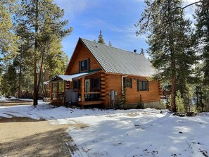 Une cabane en rondins dotée d’une véranda, d’un espace salon couvert et d’un toit en métal.