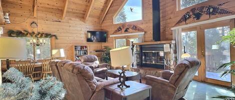 TV, fireplace, books, offices