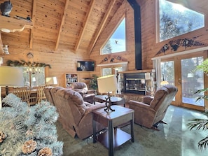 TV, fireplace, books, offices