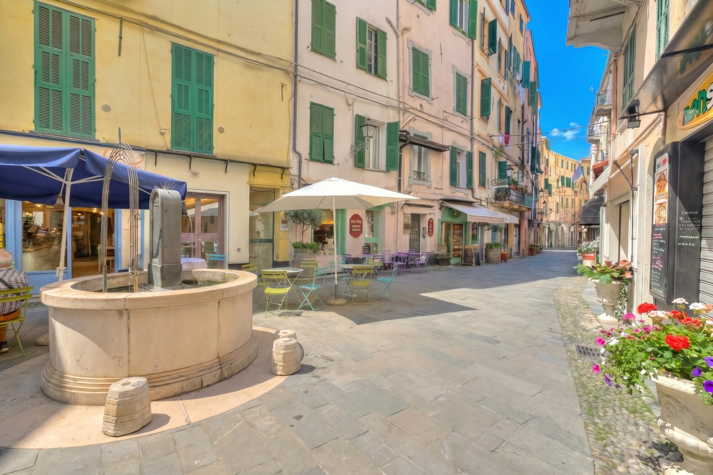 A courtyard with outdoor seating, a fountain, and buildings with green shutters.