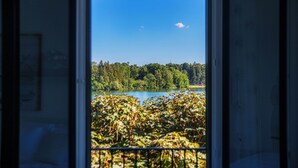Vista desde una ventana a un lago rodeado de árboles, con un cielo despejado.