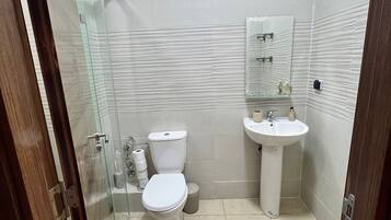 Hair dryer, towels, soap, toilet paper