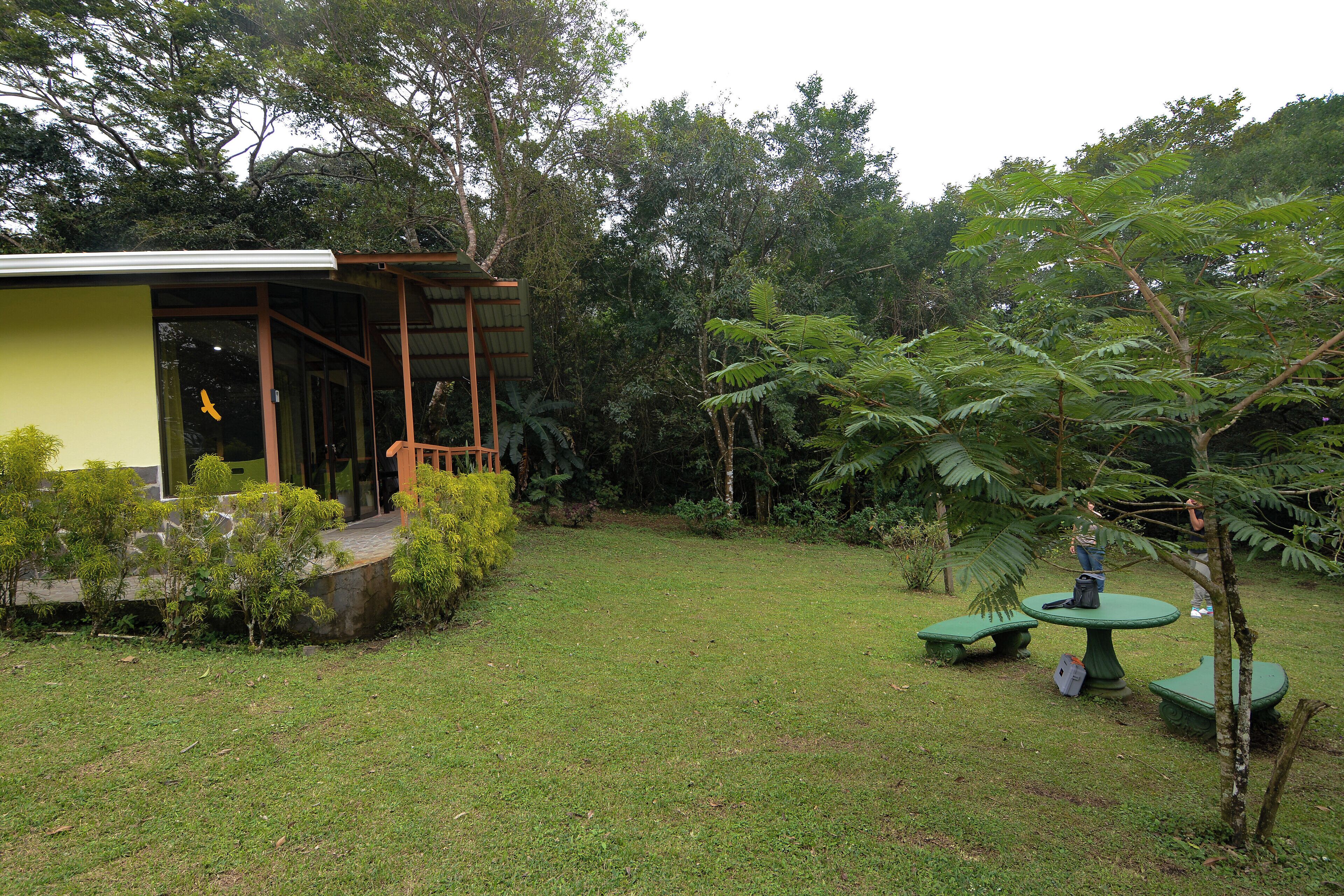 A green outdoor area with a small building, a table, and benches.