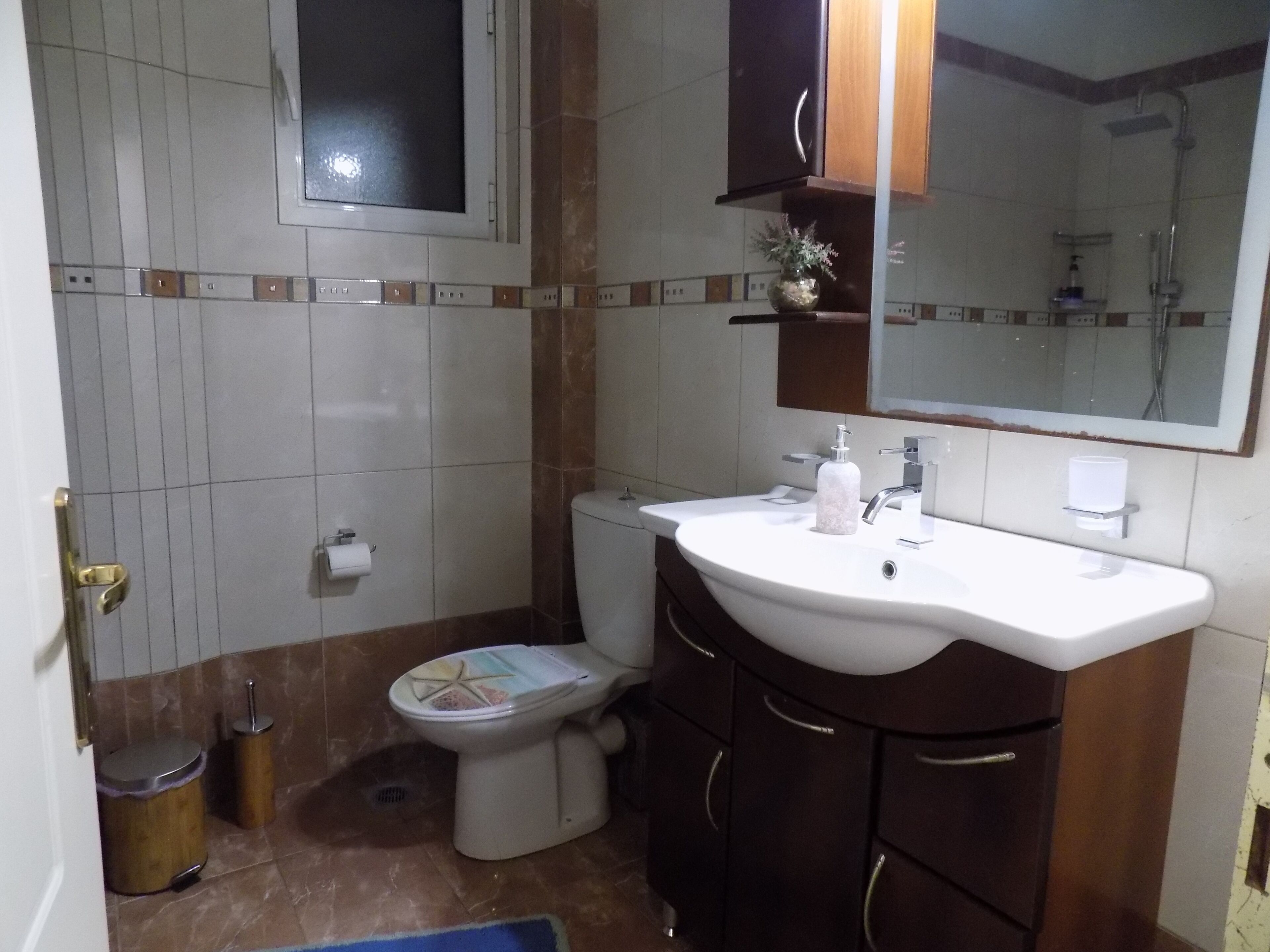A bathroom with a white sink, dark wooden cabinets, a toilet, and a mirror above the sink.