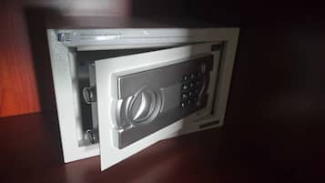A safe with a keypad and a lock.