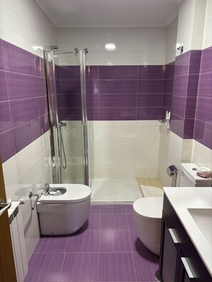 Hair dryer, bidet, towels, soap