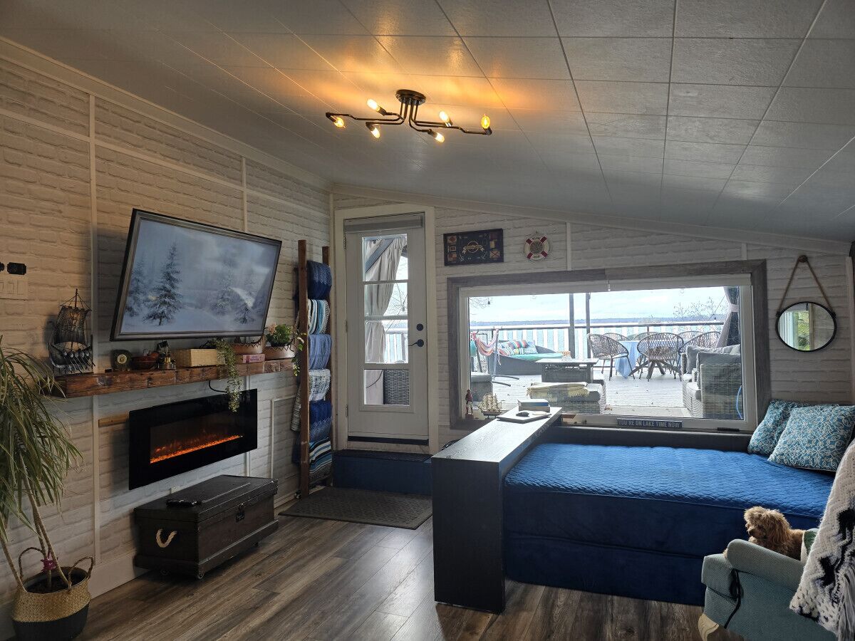 Smart TV, fireplace, video games, DVD player