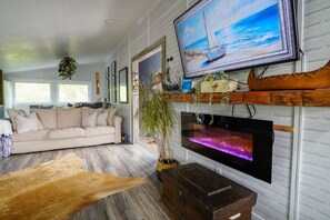 Smart TV, fireplace, video games, DVD player