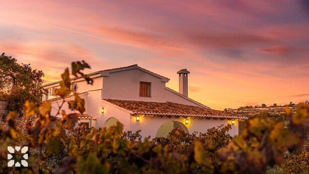 A white building with a tiled roof and a chimney, surrounded by greenery.