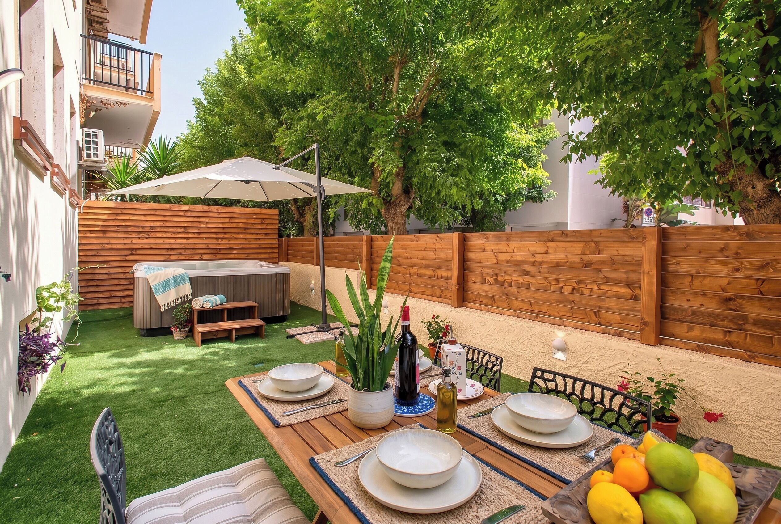 Eine Terrasse mit einem Holztisch, gedeckt für ein Essen, umgeben von einem Holzzaun und einem großen Baum, der Schatten spendet.