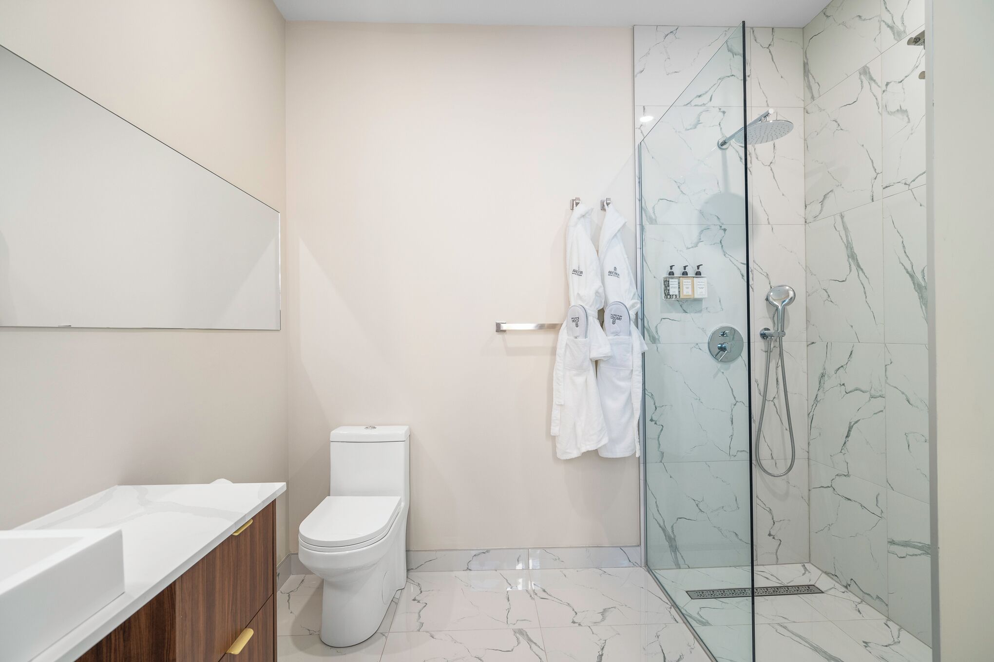 A modern bathroom with a toilet, a glass-enclosed shower, and a vanity with a mirror.
