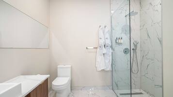 A modern bathroom with a toilet, a glass-enclosed shower, and a vanity with a mirror.