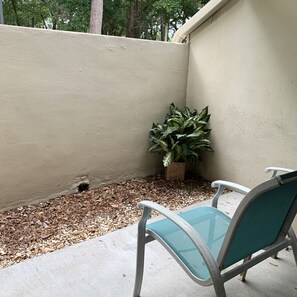 Een terras met een betonnen vloer, een plant in een pot en een metalen stoel.