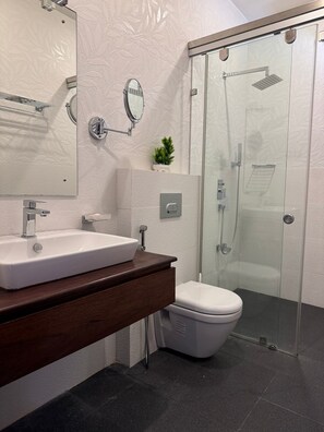 Shower, bidet, towels, soap