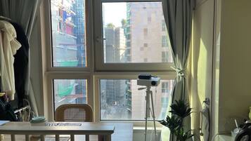 A room with a large window, a desk, a chair, a plant, and a camera on a tripod.