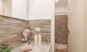 Standard Studio | Bathroom | Shower, hair dryer, towels, soap